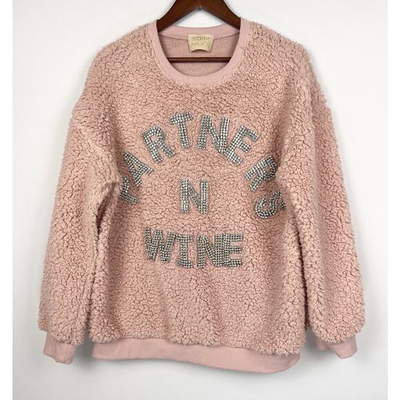 Judith March Pink Sherpa  S Sweatshirt Partners N Wine Rhinestone Lettering - Picture 9 of 9
